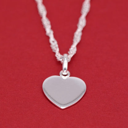 Genuine 925 Sterling Silver Flat Heart Pendant Necklace on Singapore Chain