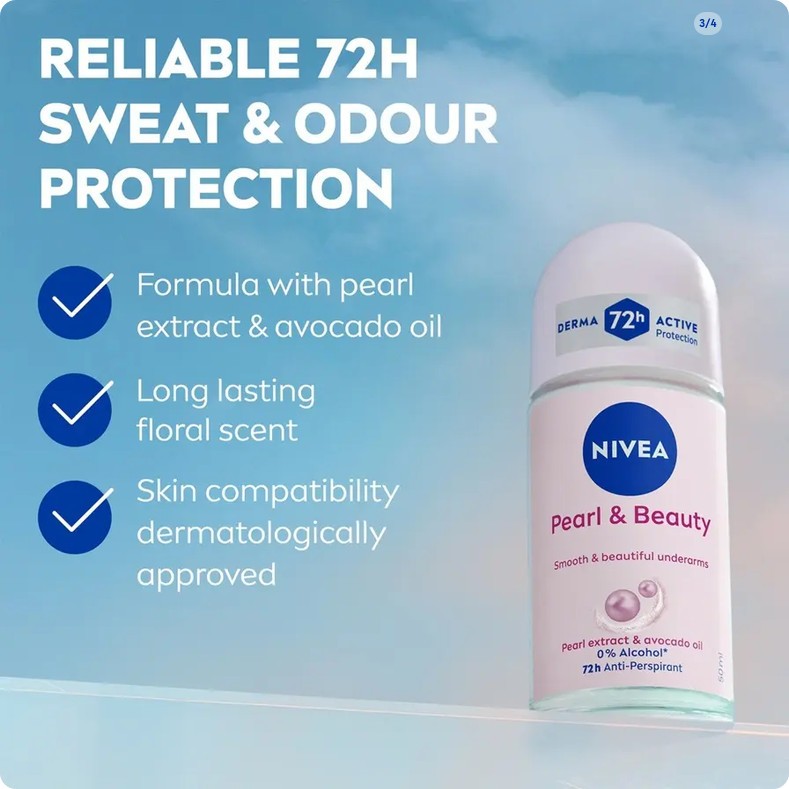 Nivea Female Roll On 72hr Anti-Perspirant 0% Alcohol Pearl & Beauty - 50ml - image 3