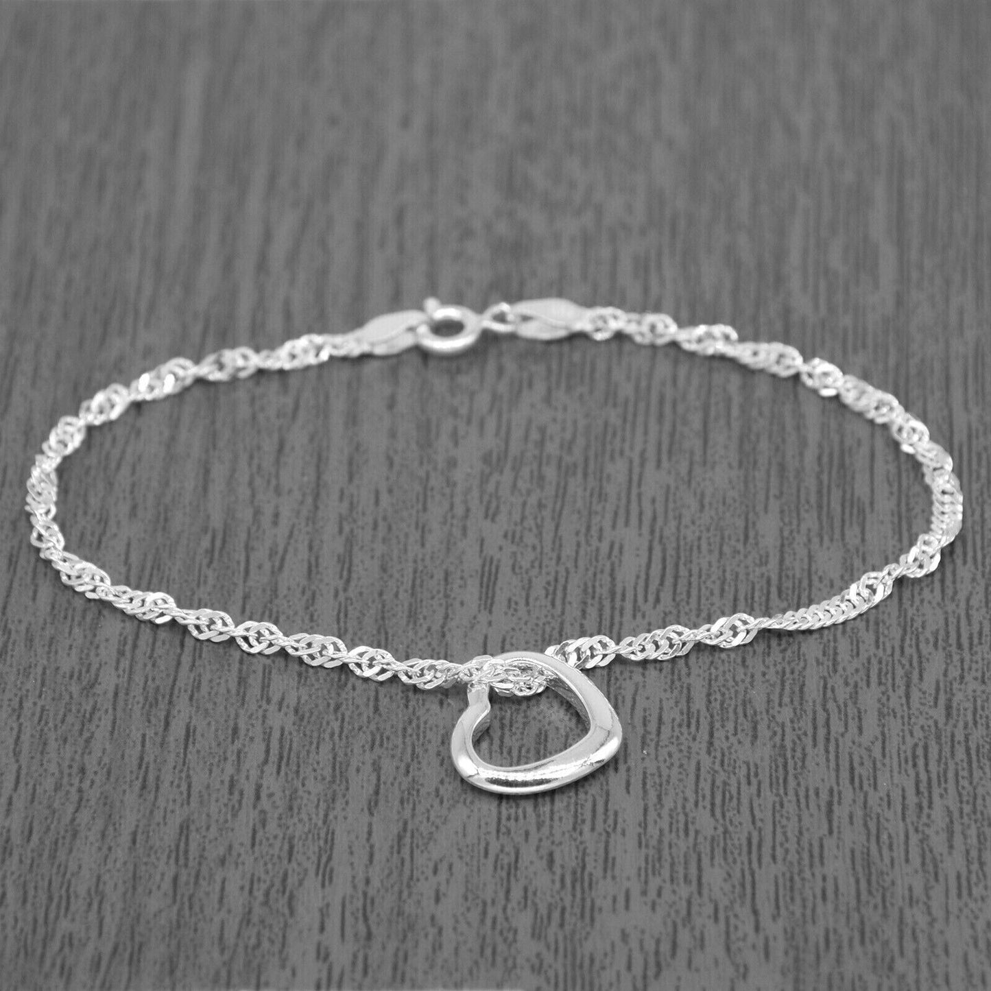 Genuine 925 Sterling Silver Singapore Chain Bracelet W/ Open Heart Charm