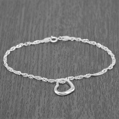 Genuine 925 Sterling Silver Singapore Chain Bracelet W/ Open Heart Charm