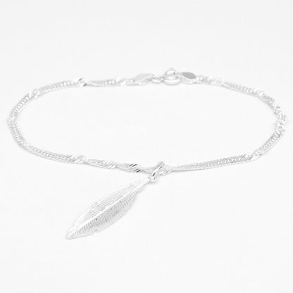 Genuine 925 Sterling Silver Singapore Chain Bracelet W/ Feather Charm