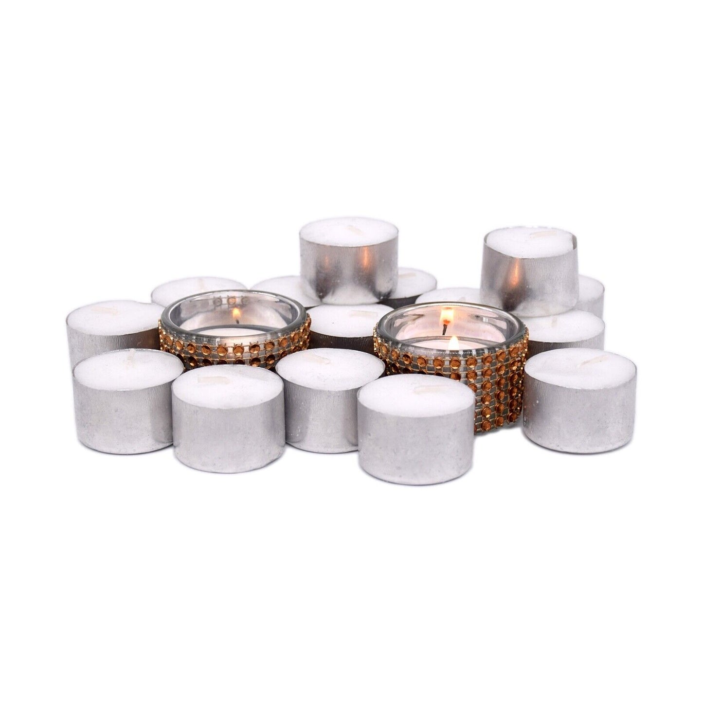 2 Decorative Diamante Jewelled Tea light Candle Holders with 100 Tealights (8hr)