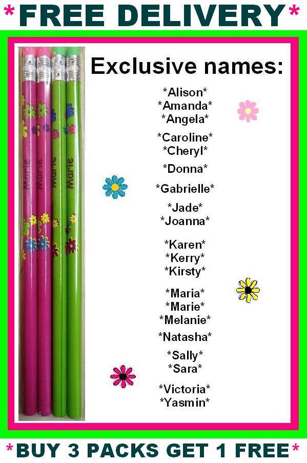 Set of 4 Pack Girls Personalised Pencils with Rubber Kid Child Name A-V Her Gift