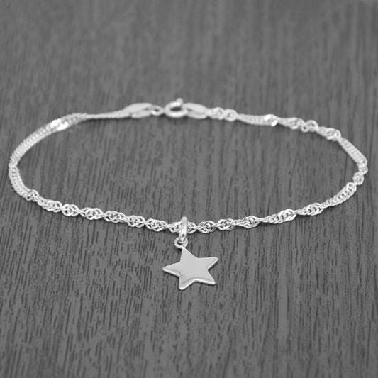 Genuine 925 Sterling Silver Singapore Chain Bracelet W/ Star Charm