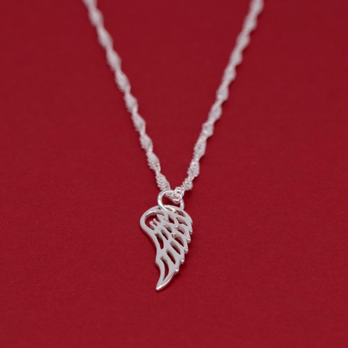 Genuine 925 Sterling Silver Wing Pendant Necklace on Singapore Chain