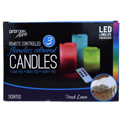 Remote Controlled Flameless Coloured Candles Cinnamon, Vanilla and Fresh Linen