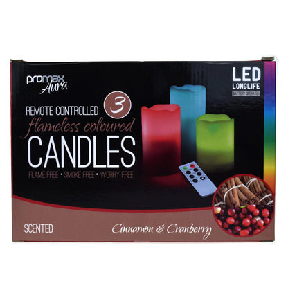 Remote Controlled Flameless Coloured Candles Cinnamon, Vanilla and Fresh Linen