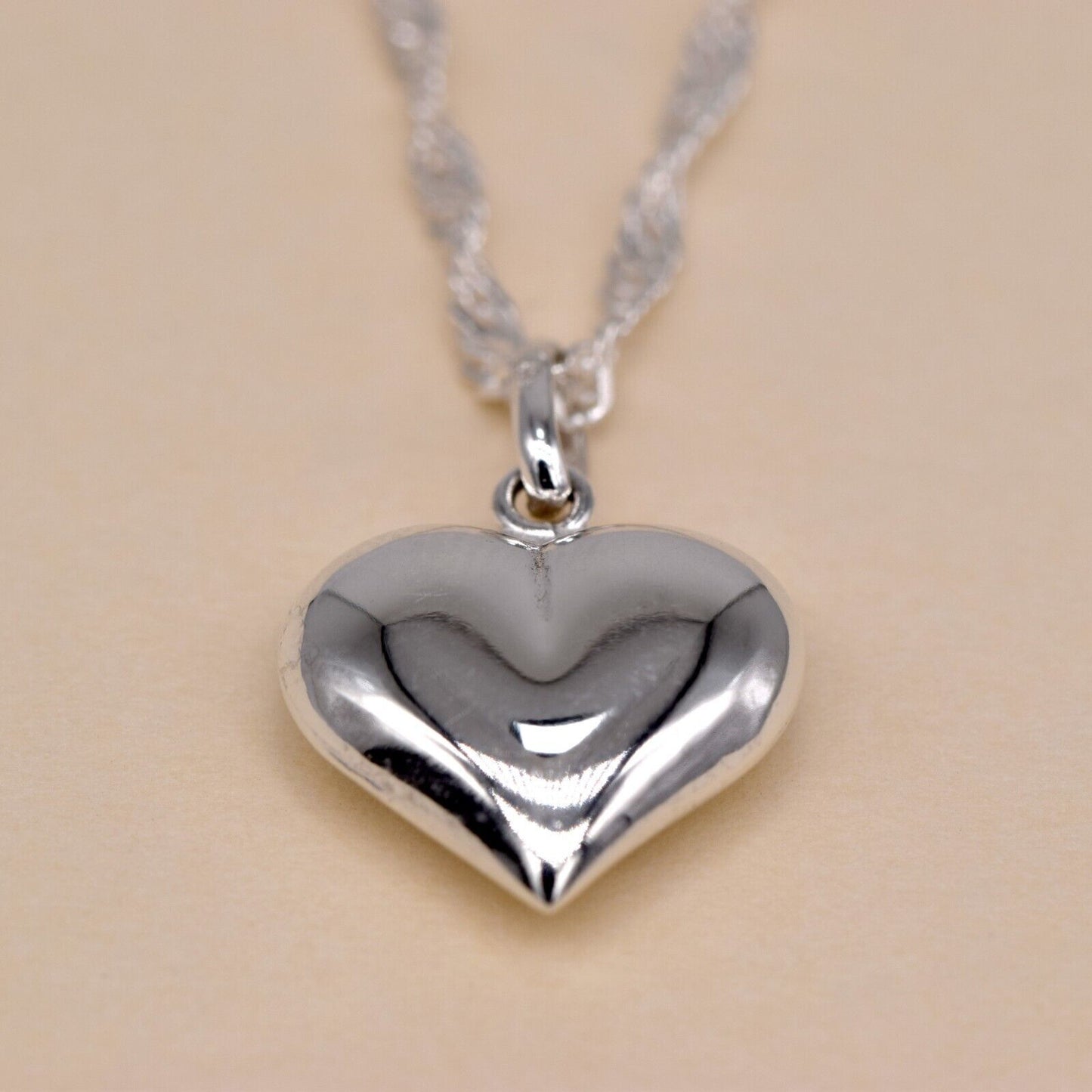 Genuine 925 Sterling Silver 3D Puffed Heart Pendant Necklace on Singapore Chain