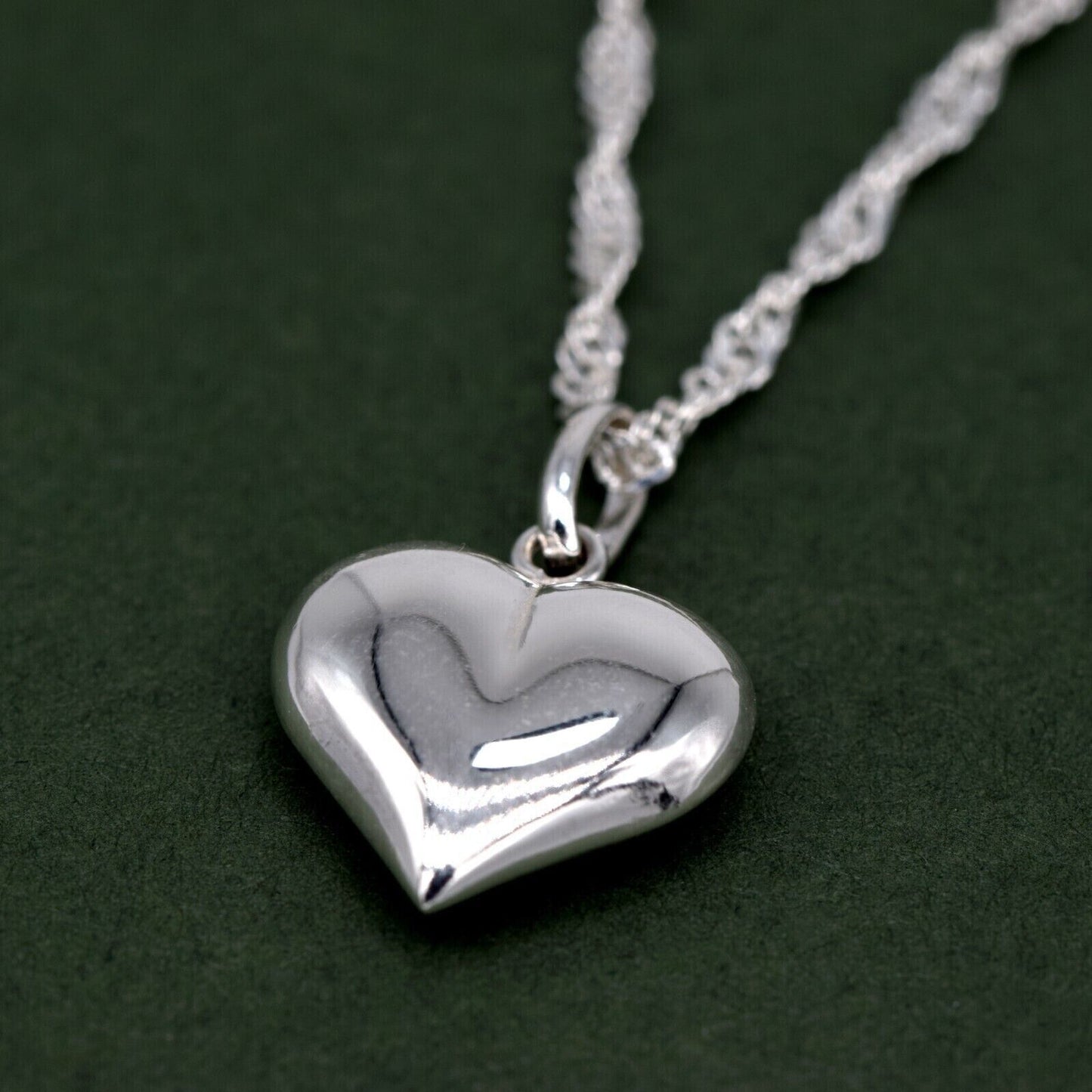 Genuine 925 Sterling Silver 3D Puffed Heart Pendant Necklace on Singapore Chain