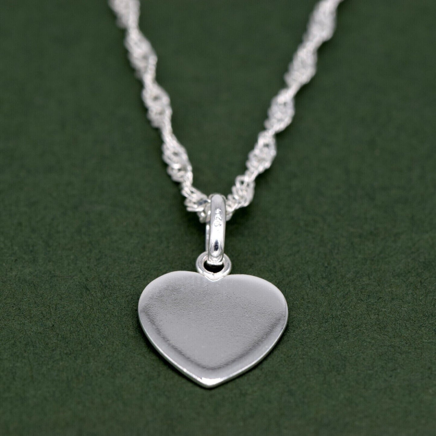 Genuine 925 Sterling Silver Flat Heart Pendant Necklace on Singapore Chain
