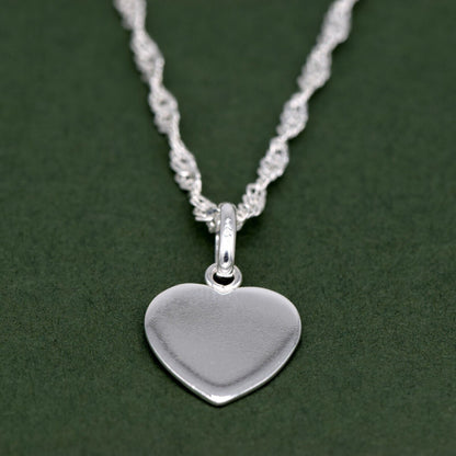 Genuine 925 Sterling Silver Flat Heart Pendant Necklace on Singapore Chain