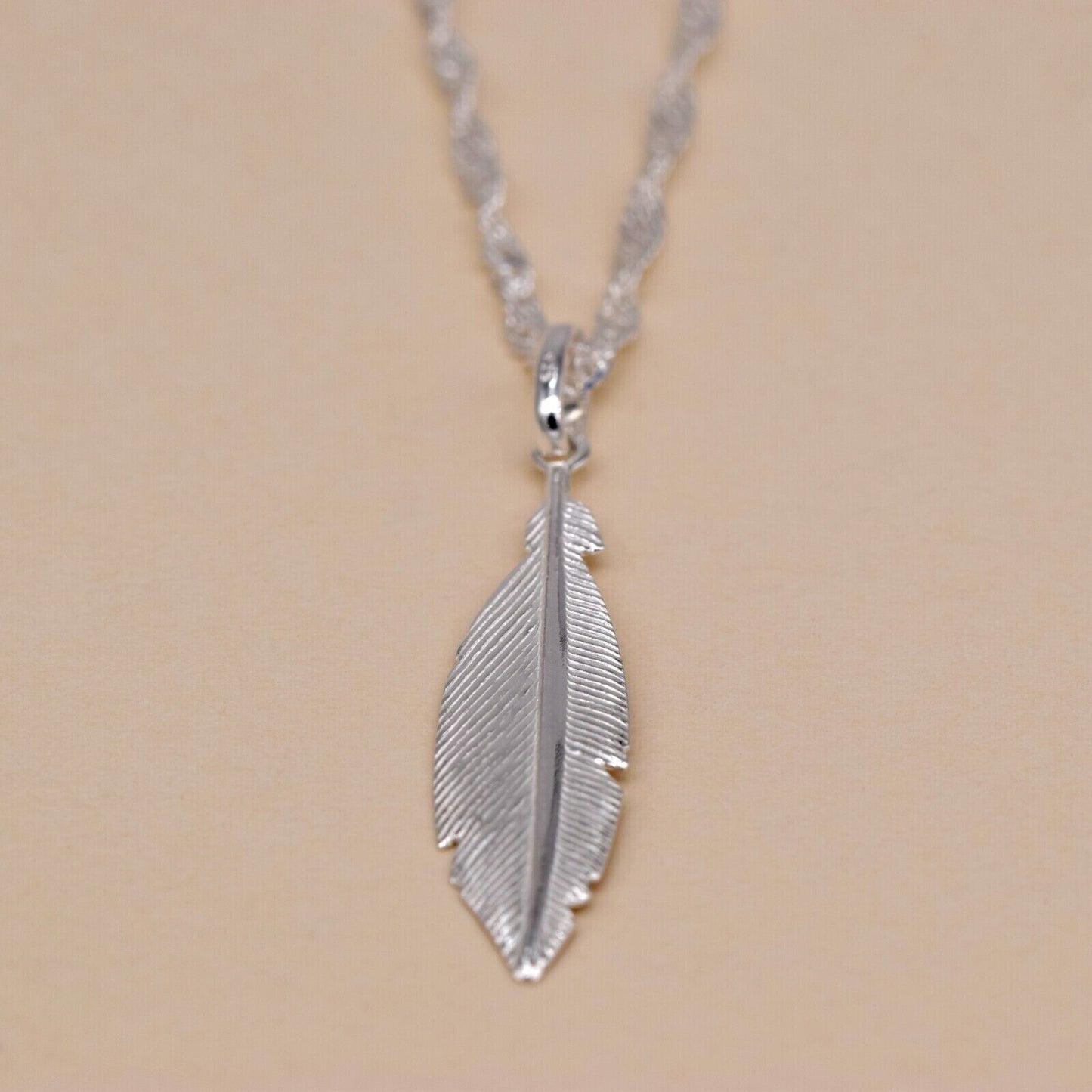 Genuine 925 Sterling Silver Feather Pendant Necklace on Singapore Chain