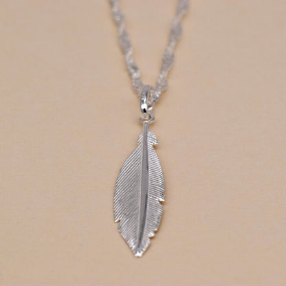 Genuine 925 Sterling Silver Feather Pendant Necklace on Singapore Chain