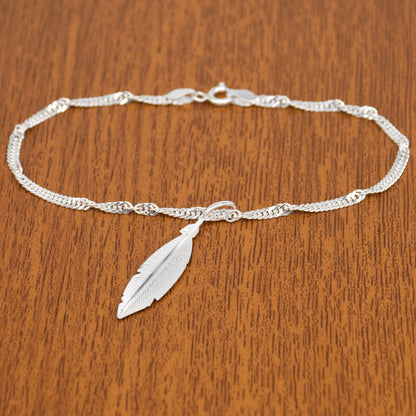 Genuine 925 Sterling Silver Singapore Chain Bracelet W/ Feather Charm