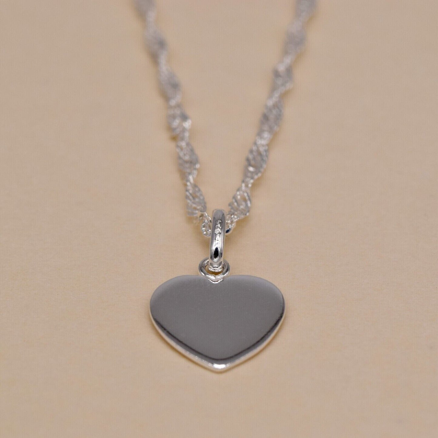 Genuine 925 Sterling Silver Flat Heart Pendant Necklace on Singapore Chain