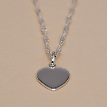 Genuine 925 Sterling Silver Flat Heart Pendant Necklace on Singapore Chain
