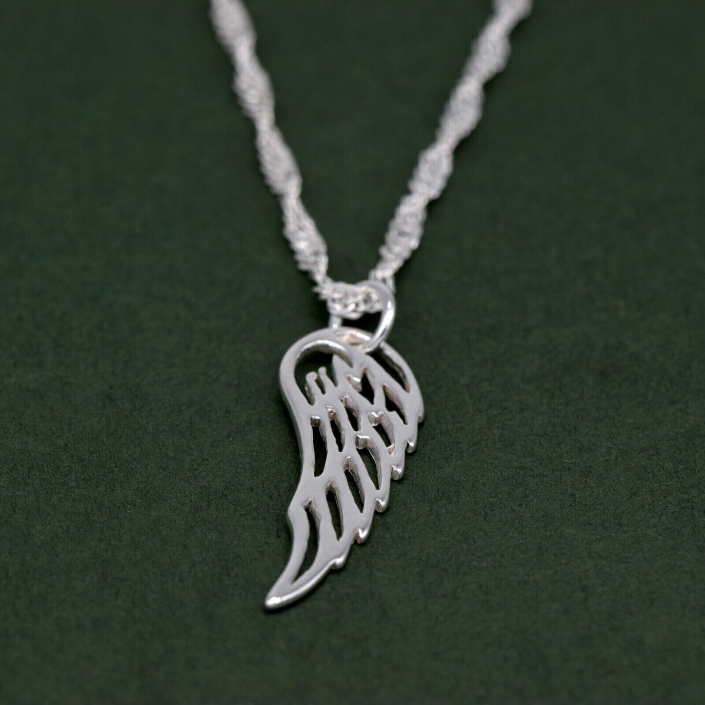 Genuine 925 Sterling Silver Wing Pendant Necklace on Singapore Chain