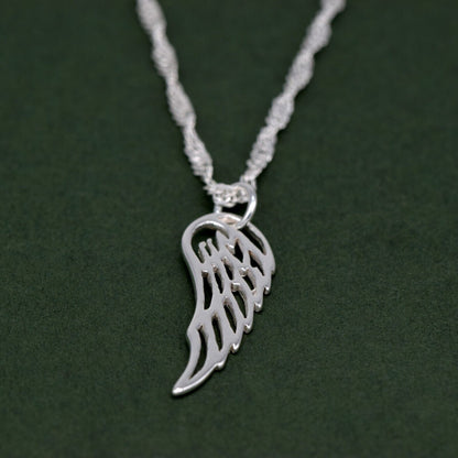 Genuine 925 Sterling Silver Wing Pendant Necklace on Singapore Chain