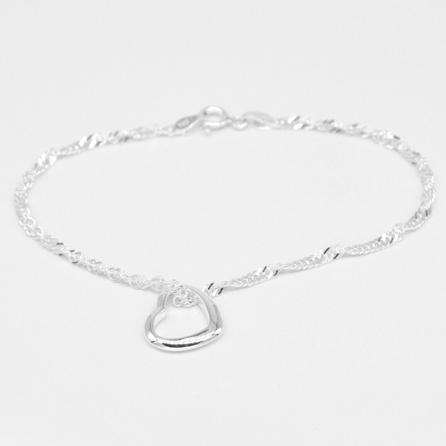 Genuine 925 Sterling Silver Singapore Chain Bracelet W/ Open Heart Charm