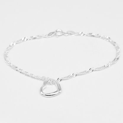 Genuine 925 Sterling Silver Singapore Chain Bracelet W/ Open Heart Charm