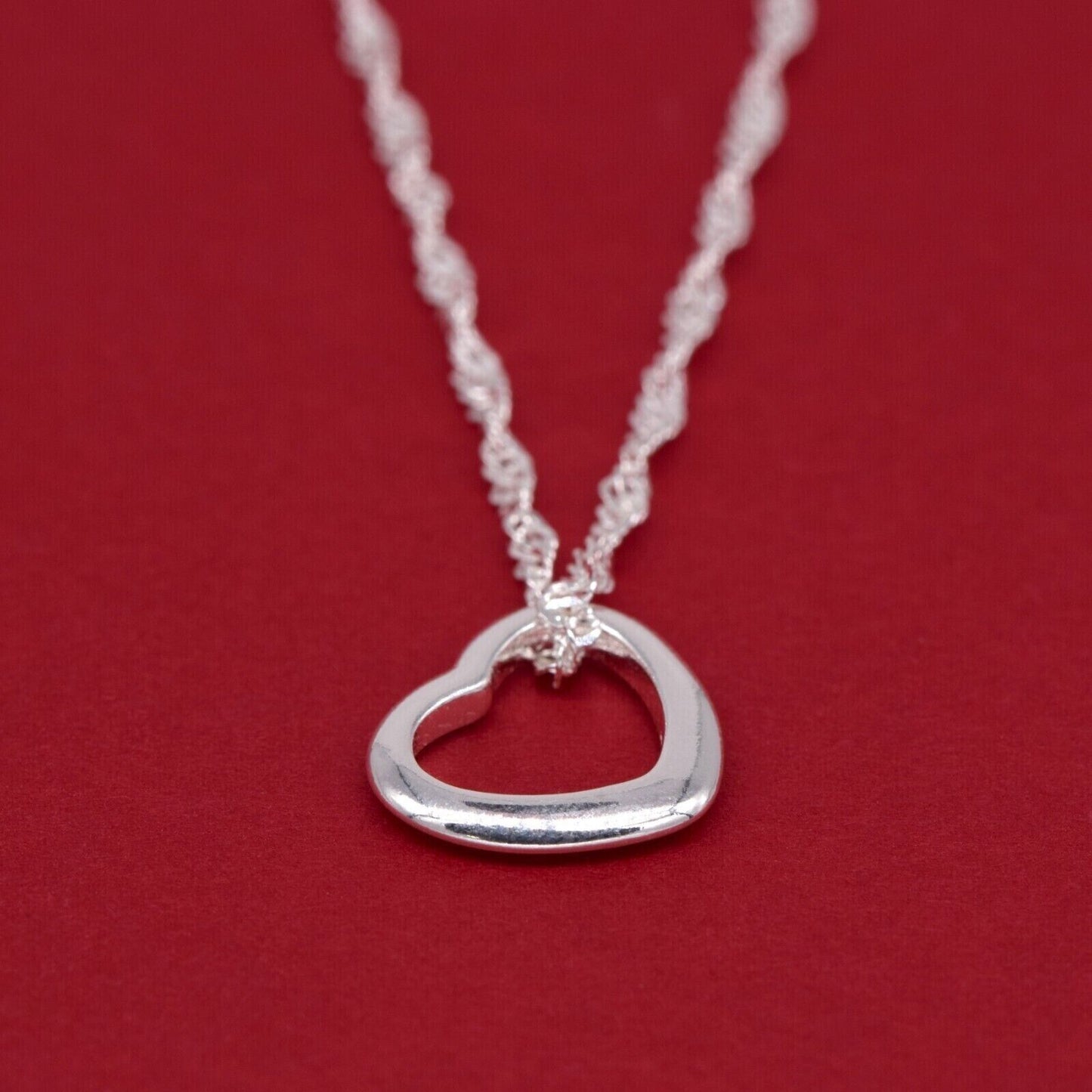 Genuine 925 Sterling Silver Floating Heart Pendant Necklace on Singapore Chain
