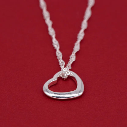 Genuine 925 Sterling Silver Floating Heart Pendant Necklace on Singapore Chain