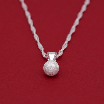 Genuine 925 Sterling Silver 7mm Frosted Ball Pendant Necklace on Singapore Chain