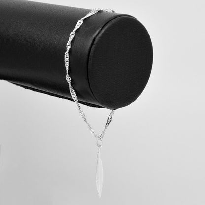 Genuine 925 Sterling Silver Singapore Chain Bracelet W/ Feather Charm