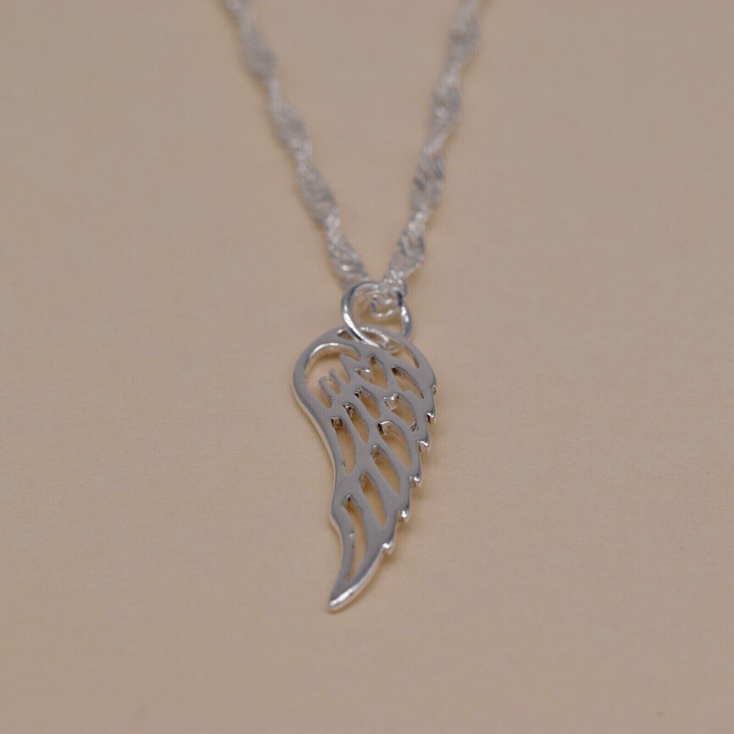 Genuine 925 Sterling Silver Wing Pendant Necklace on Singapore Chain