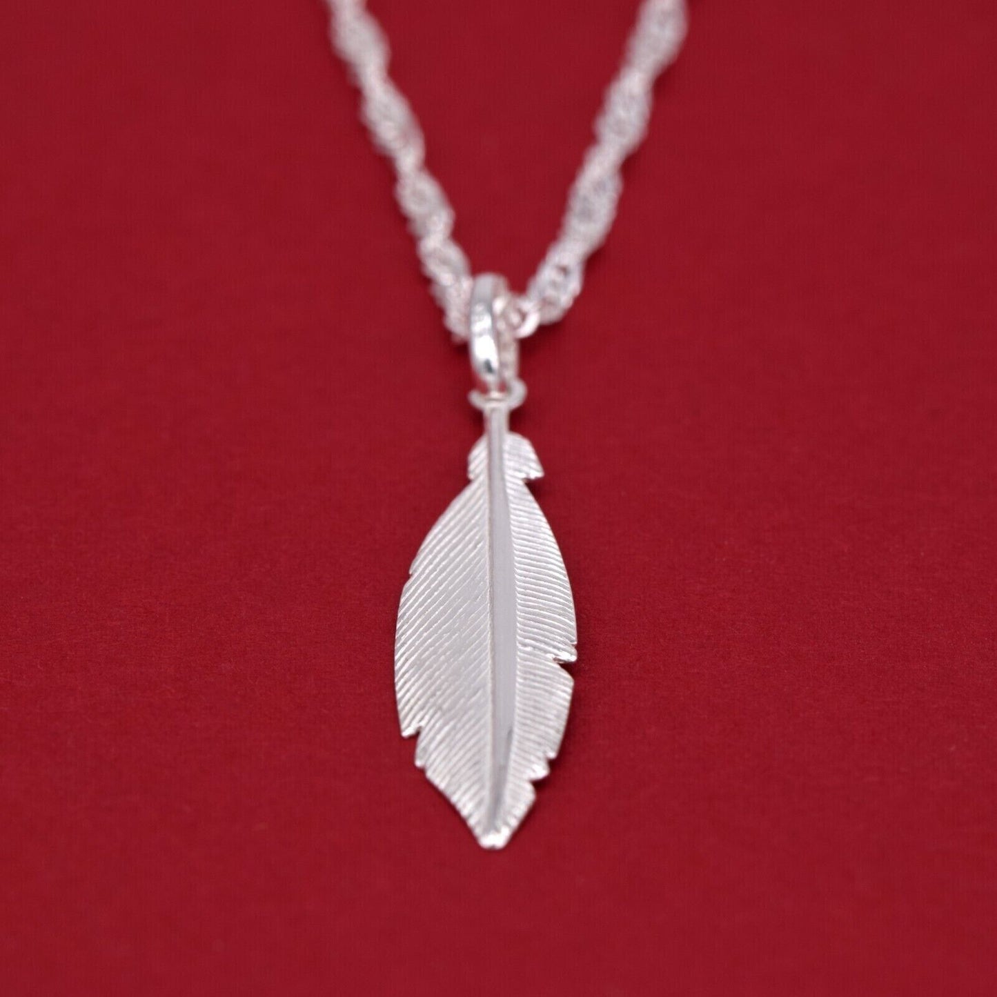 Genuine 925 Sterling Silver Feather Pendant Necklace on Singapore Chain