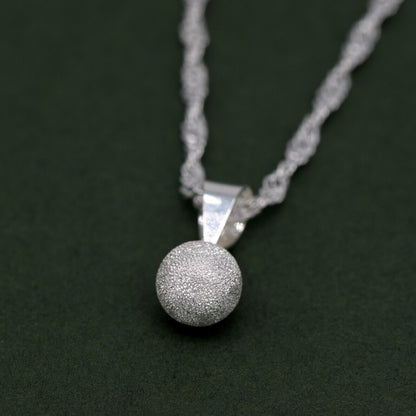 Genuine 925 Sterling Silver 7mm Frosted Ball Pendant Necklace on Singapore Chain
