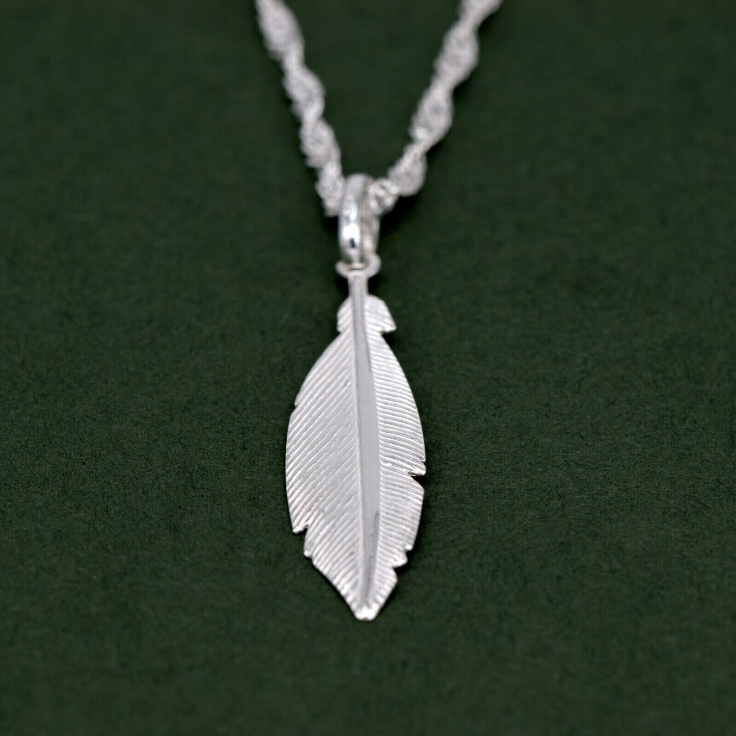 Genuine 925 Sterling Silver Feather Pendant Necklace on Singapore Chain