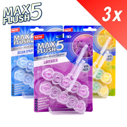 3x Max Flush 5 Toilet Rim Block Cleaner Twin Pack (3 x 2 = 6 x 45g Rim Blocks)