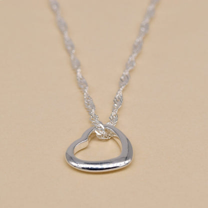 Genuine 925 Sterling Silver Floating Heart Pendant Necklace on Singapore Chain