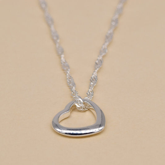 Genuine 925 Sterling Silver Floating Heart Pendant Necklace on Singapore Chain