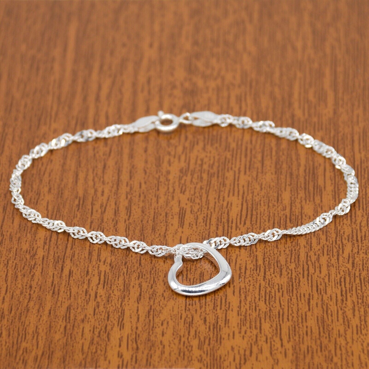 Genuine 925 Sterling Silver Singapore Chain Bracelet W/ Open Heart Charm