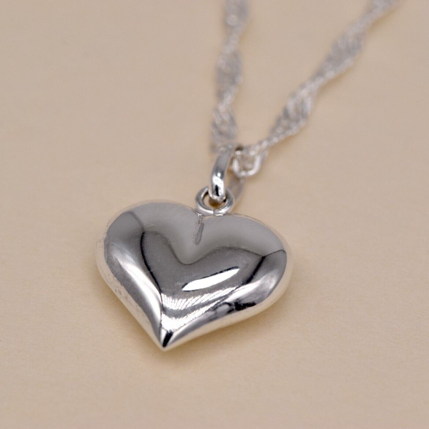 Genuine 925 Sterling Silver 3D Puffed Heart Pendant Necklace on Singapore Chain