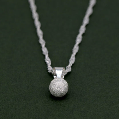 Genuine 925 Sterling Silver 7mm Frosted Ball Pendant Necklace on Singapore Chain
