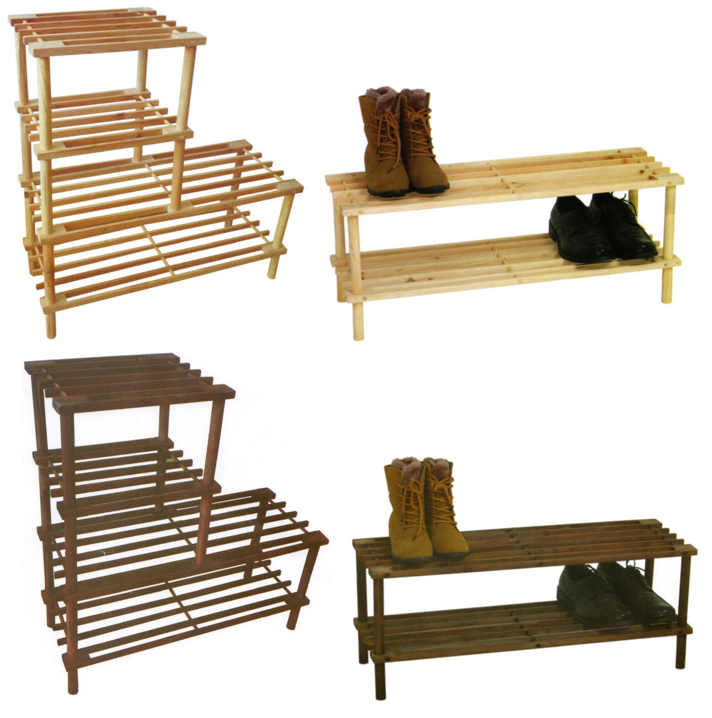 2 or 4 Tier Brown or Natural Wooden Shelf Storage Organiser Shoe Rack Stand