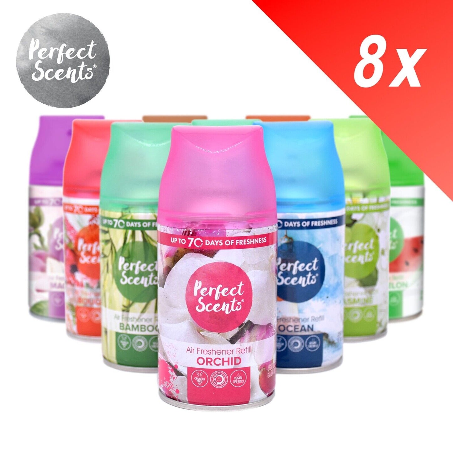 8x Perfect Scents Air Freshener Automatic Spray Refill 250ml Home Fragrances