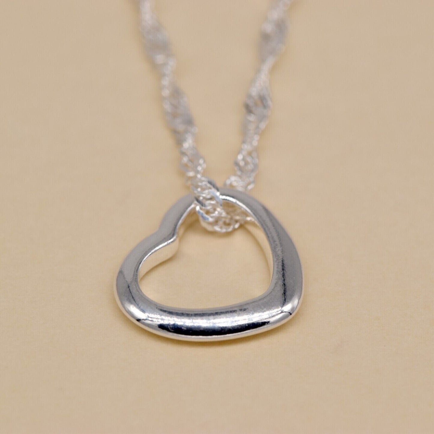 Genuine 925 Sterling Silver Floating Heart Pendant Necklace on Singapore Chain