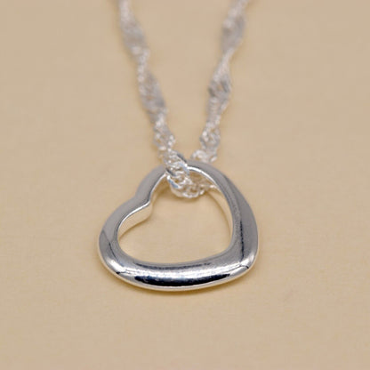 Genuine 925 Sterling Silver Floating Heart Pendant Necklace on Singapore Chain