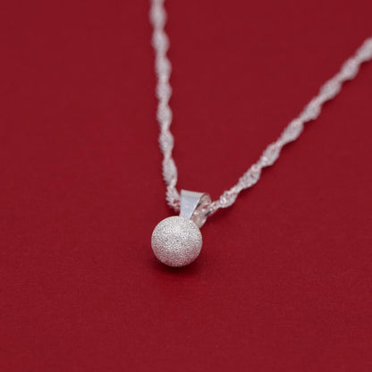 Genuine 925 Sterling Silver 7mm Frosted Ball Pendant Necklace on Singapore Chain