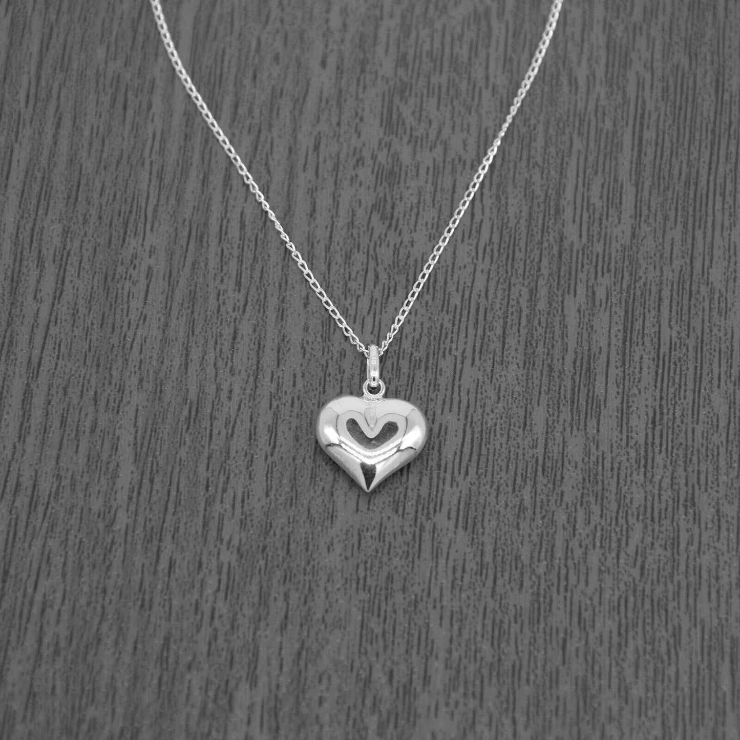 Genuine 925 Sterling Silver Puffed Heart Pendant Necklace on 14-24" Curb Chain