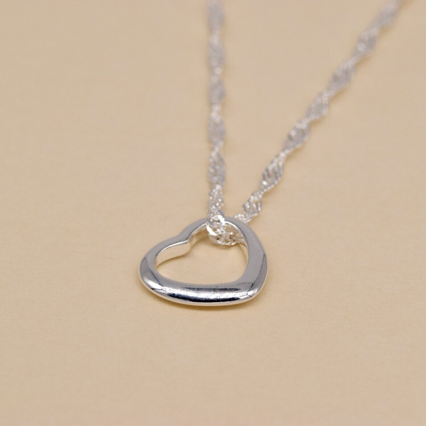 Genuine 925 Sterling Silver Floating Heart Pendant Necklace on Singapore Chain