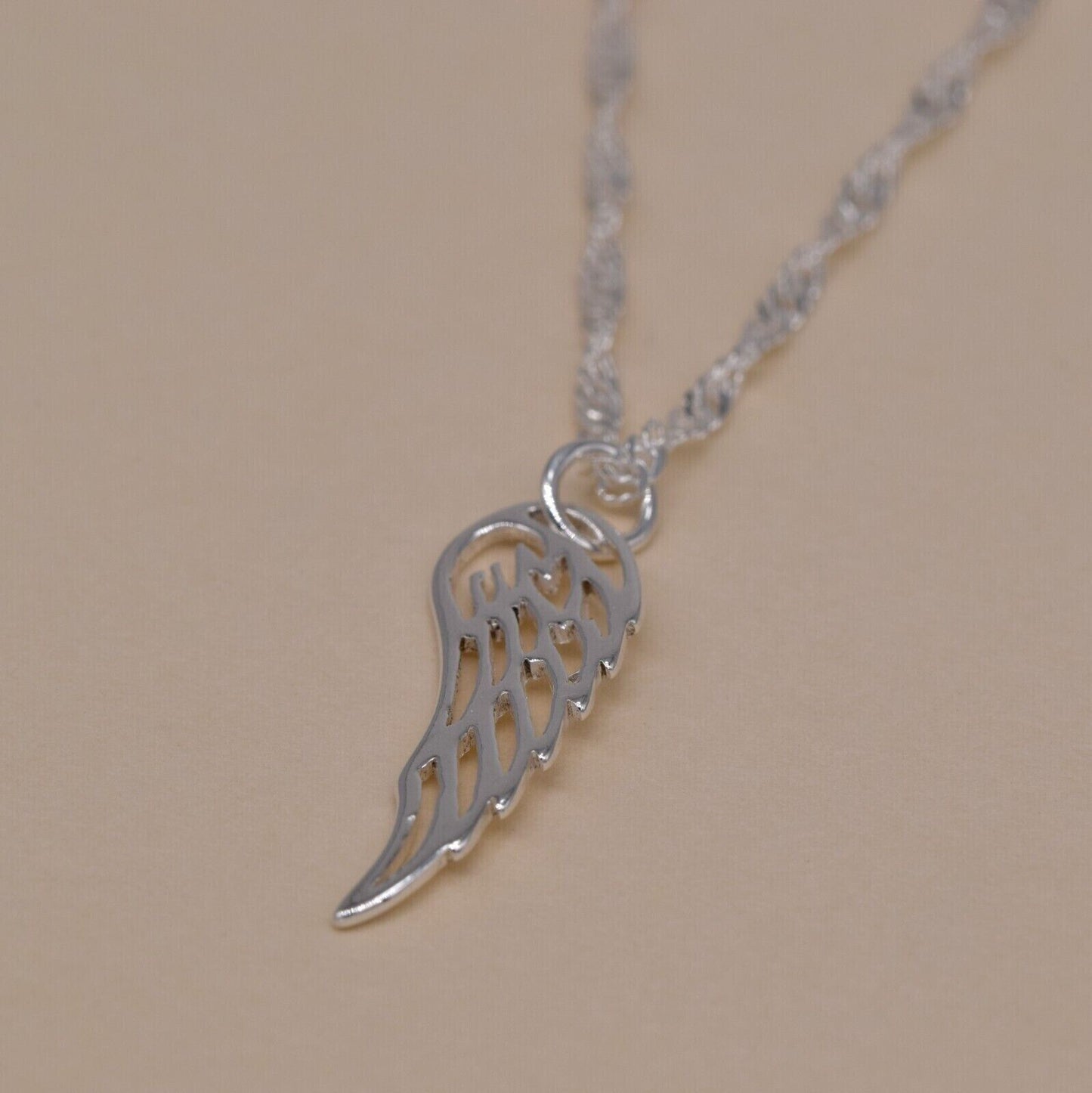 Genuine 925 Sterling Silver Wing Pendant Necklace on Singapore Chain