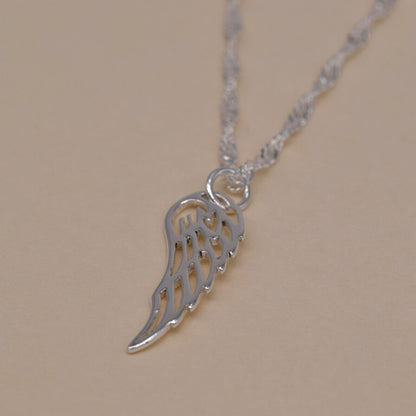 Genuine 925 Sterling Silver Wing Pendant Necklace on Singapore Chain