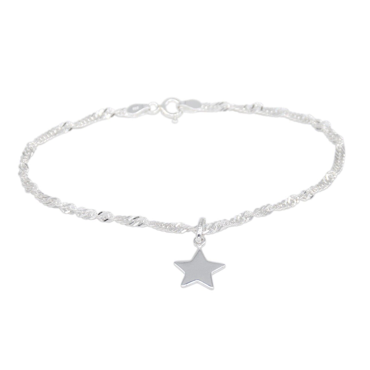 Genuine 925 Sterling Silver Singapore Chain Bracelet W/ Star Charm
