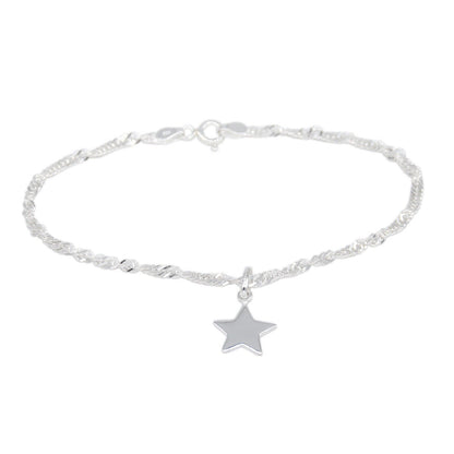 Genuine 925 Sterling Silver Singapore Chain Bracelet W/ Star Charm
