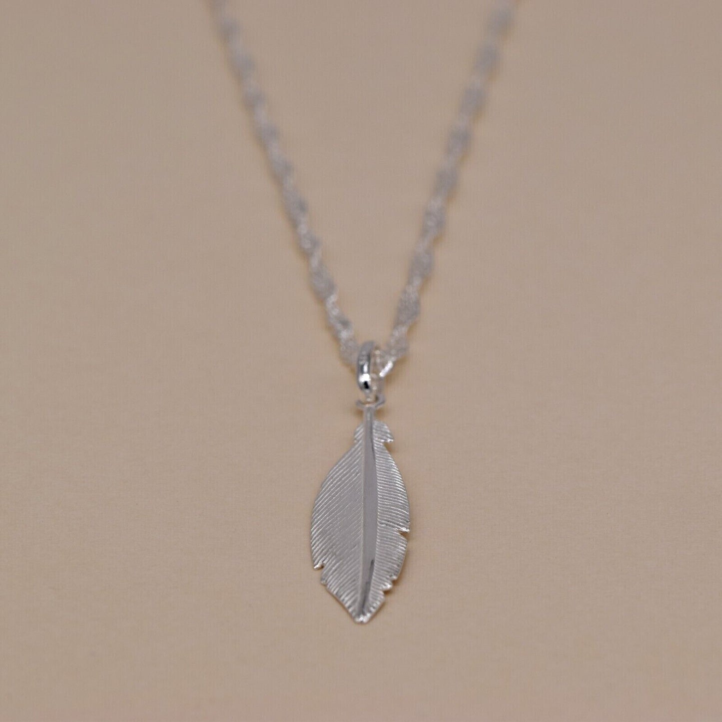Genuine 925 Sterling Silver Feather Pendant Necklace on Singapore Chain